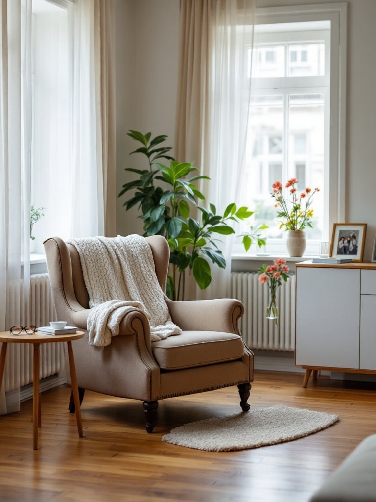 Aufgeräumtes, helles Wohnzimmer mit Ohrensessel, Blumen und Familienfotos
